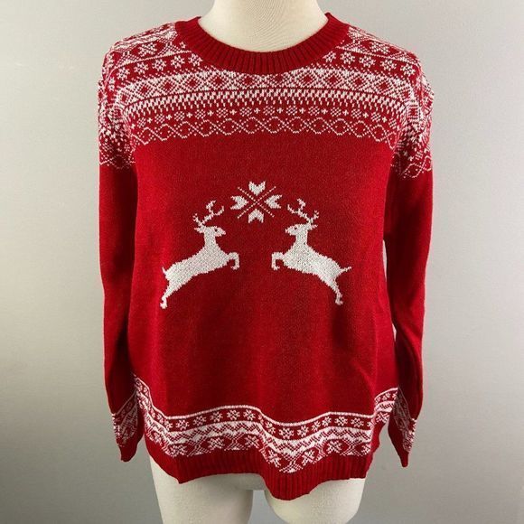 NWT COTTON EMPORIUM Red White Reindeer Crew Neck - Picture 2 of 8